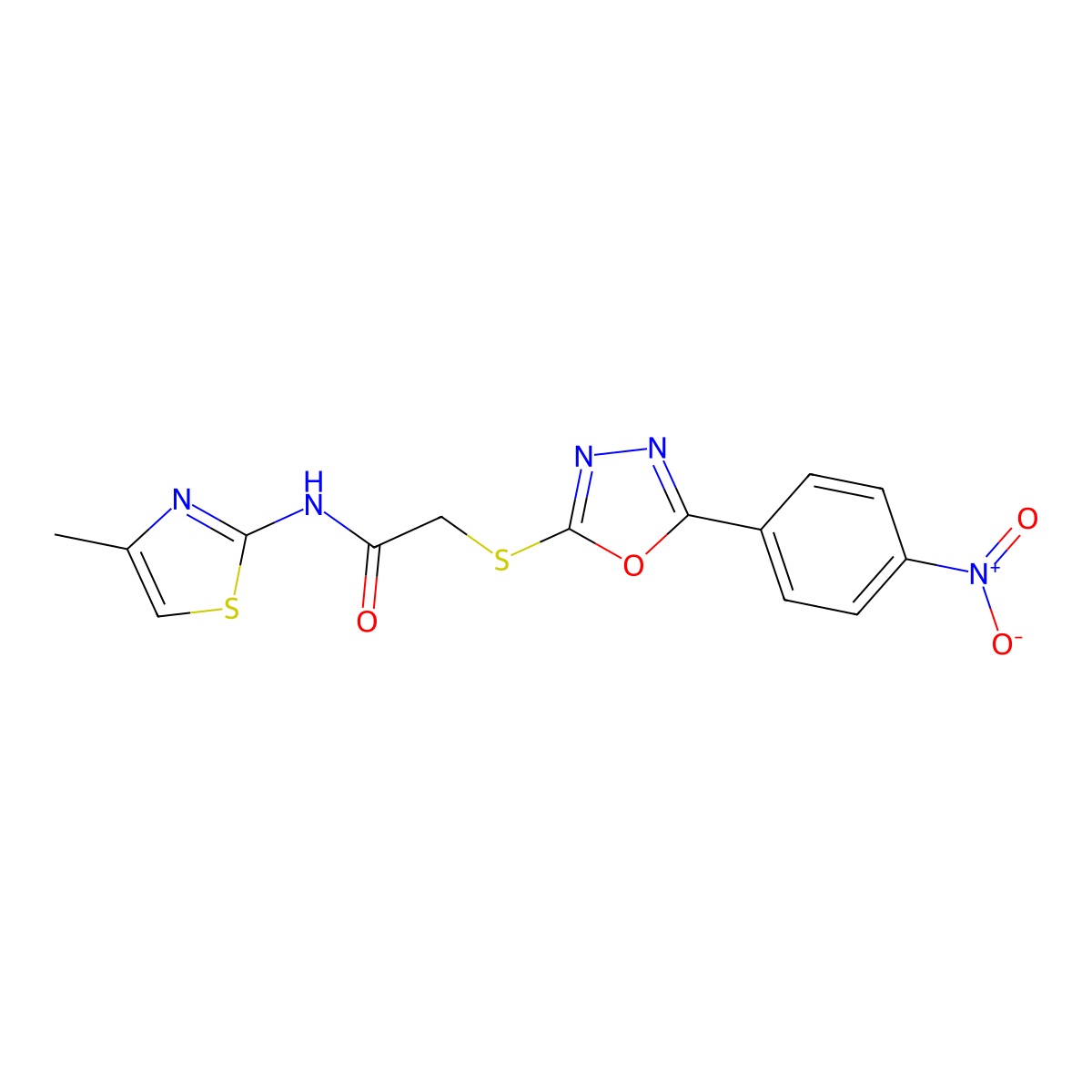 N-(4-methyl-1,3-thiazol-2-yl)-2-[[5-(4-nitrophenyl)-1,3,4-oxadiazol-2-yl]sulfanyl]acetamide molecular structure, CAS 725706-83-2