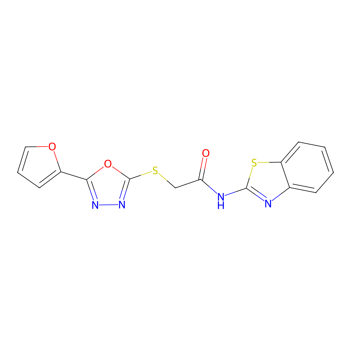 N-(1,3-benzothiazol-2-yl)-2-[[5-(furan-2-yl)-1,3,4-oxadiazol-2-yl]sulfanyl]acetamide molecular structure, CAS 725706-86-5