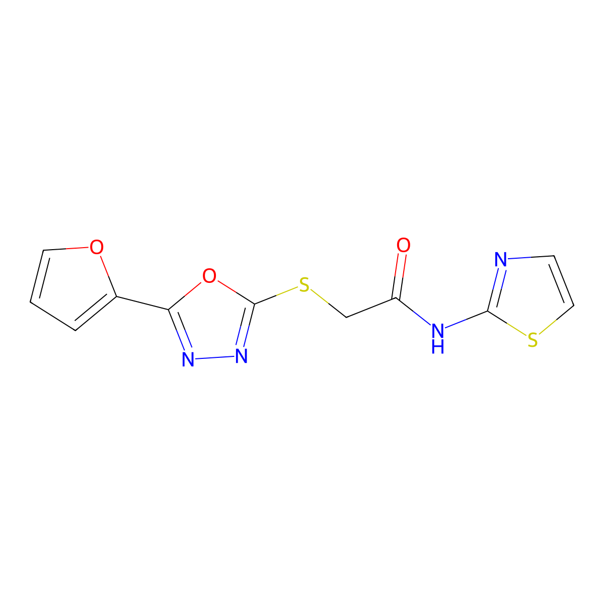 2-((5-(furan-2-yl)-1,3,4-oxadiazol-2-yl)thio)-N-(thiazol-2-yl)acetamide molecular structure, CAS 725706-92-3