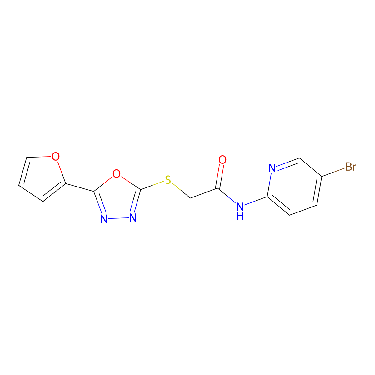 N-(5-bromopyridin-2-yl)-2-[[5-(furan-2-yl)-1,3,4-oxadiazol-2-yl]sulfanyl]acetamide molecular structure, CAS 725707-02-8