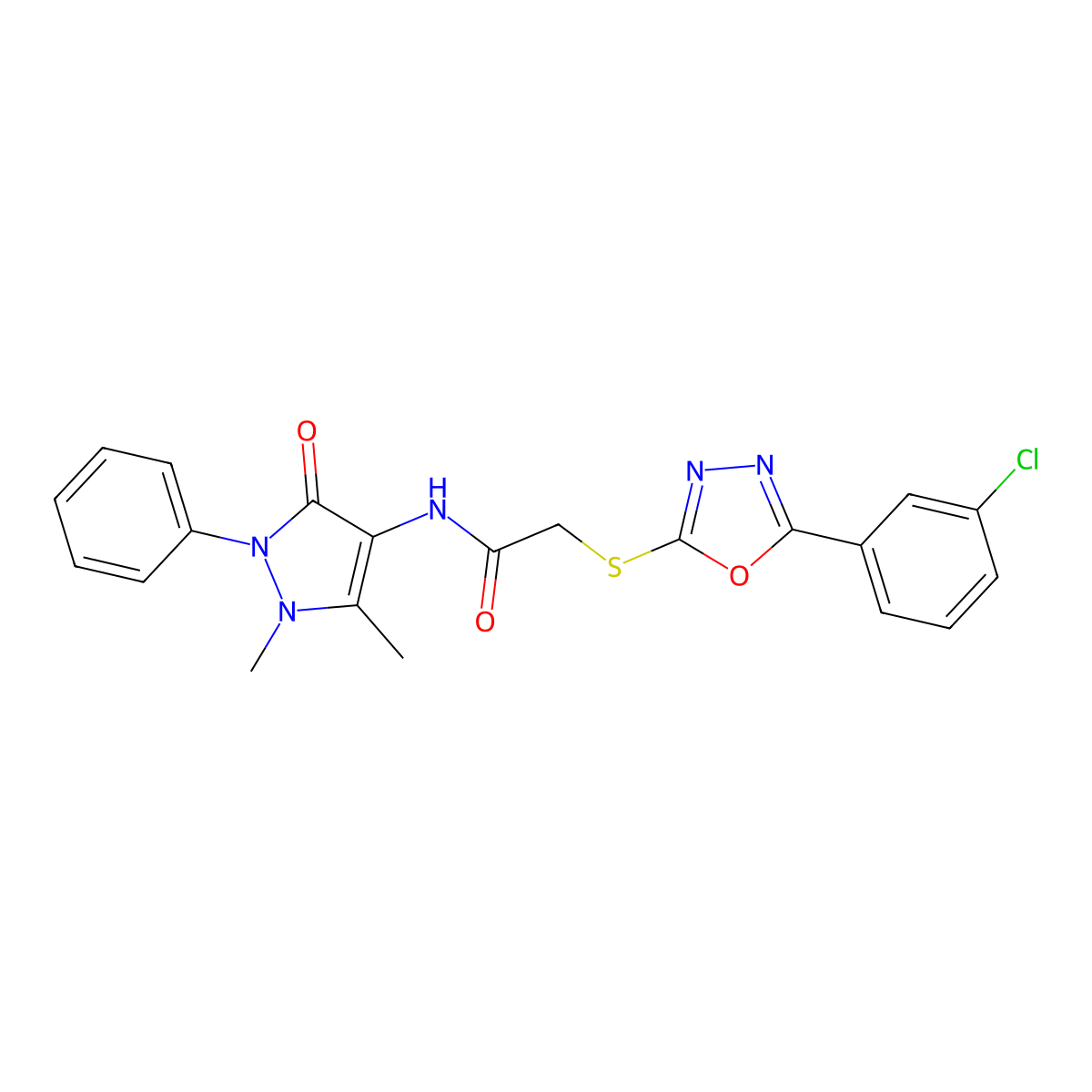 2-{[5-(3-chlorophenyl)-1,3,4-oxadiazol-2-yl]sulfanyl}-N-(1,5-dimethyl-3-oxo-2-phenyl-2,3-dihydro-1H-pyrazol-4-yl)acetamide molecular structure, CAS 725707-09-5