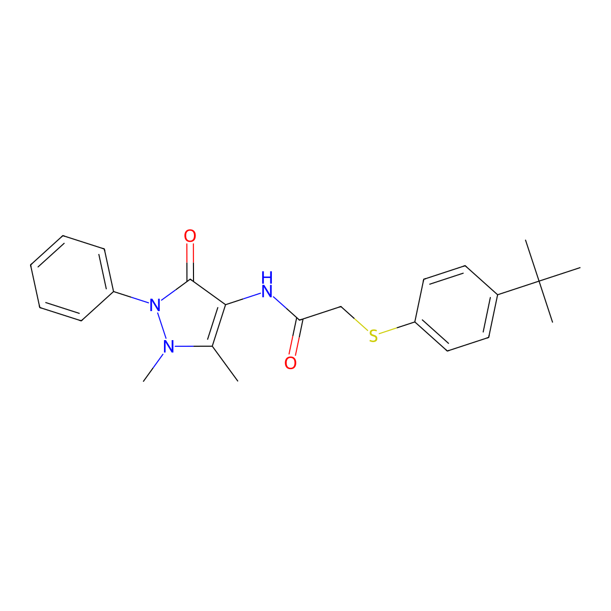 2-(4-tert-butylphenyl)sulfanyl-N-(1,5-dimethyl-3-oxo-2-phenylpyrazol-4-yl)acetamide molecular structure, CAS 725707-12-0