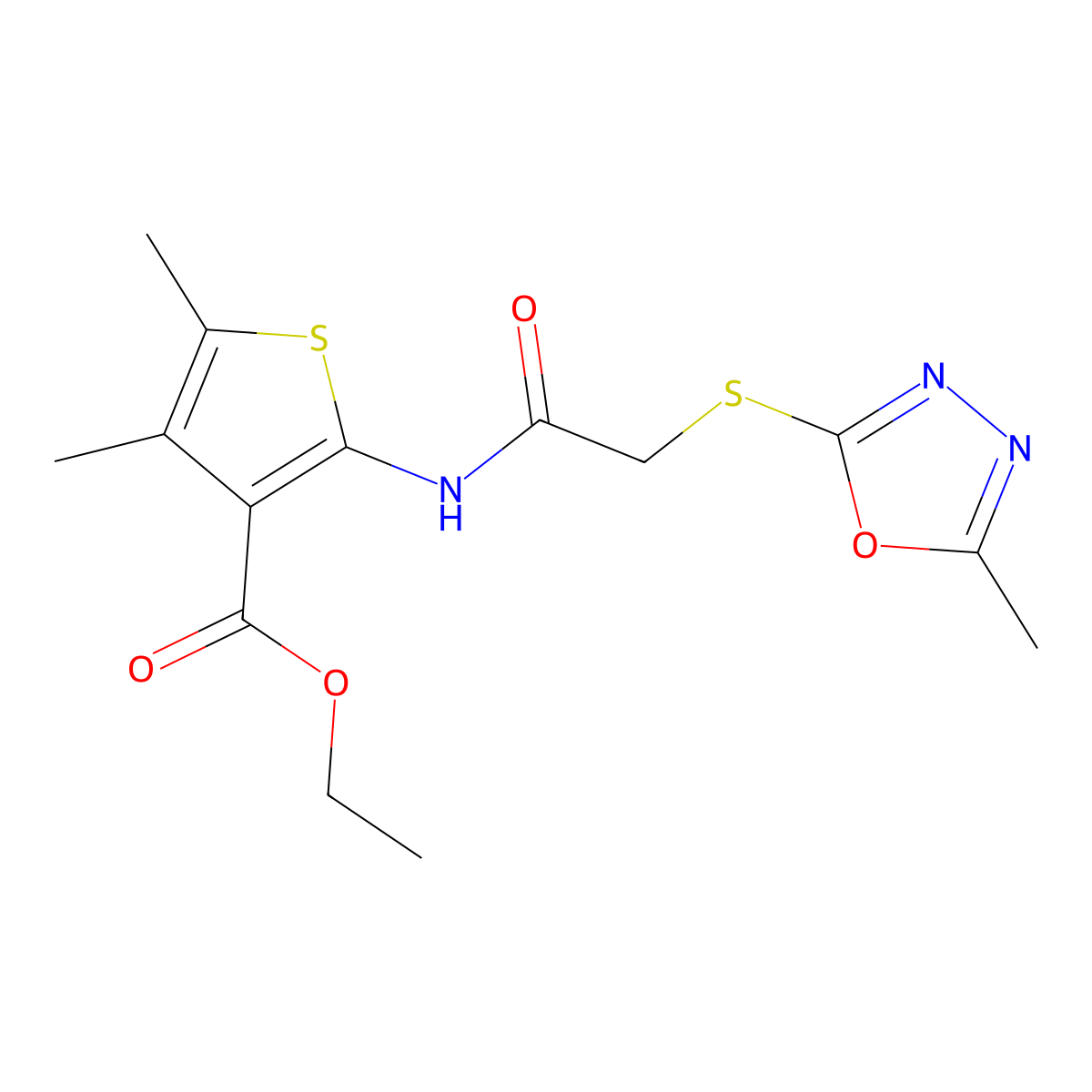 Ethyl 4,5-dimethyl-2-({[(5-methyl-1,3,4-oxadiazol-2-yl)sulfanyl]acetyl}amino)-3-thiophenecarboxylate molecular structure, CAS 725707-28-8