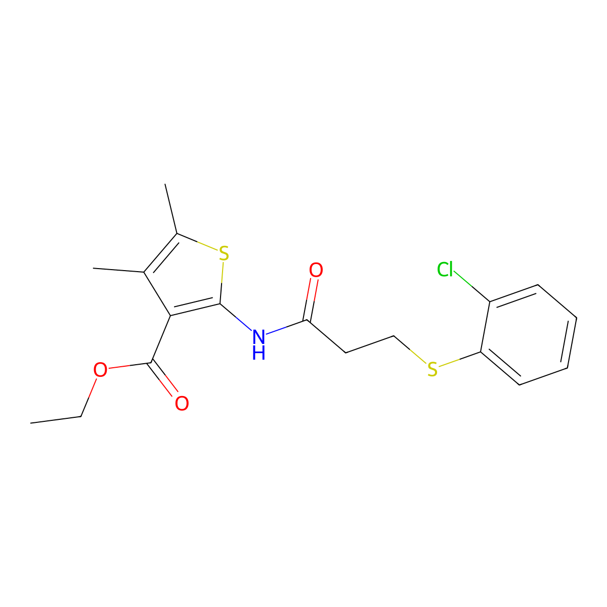 Ethyl 2-{3-[(2-chlorophenyl)sulfanyl]propanamido}-4,5-dimethylthiophene-3-carboxylate molecular structure, CAS 725710-40-7