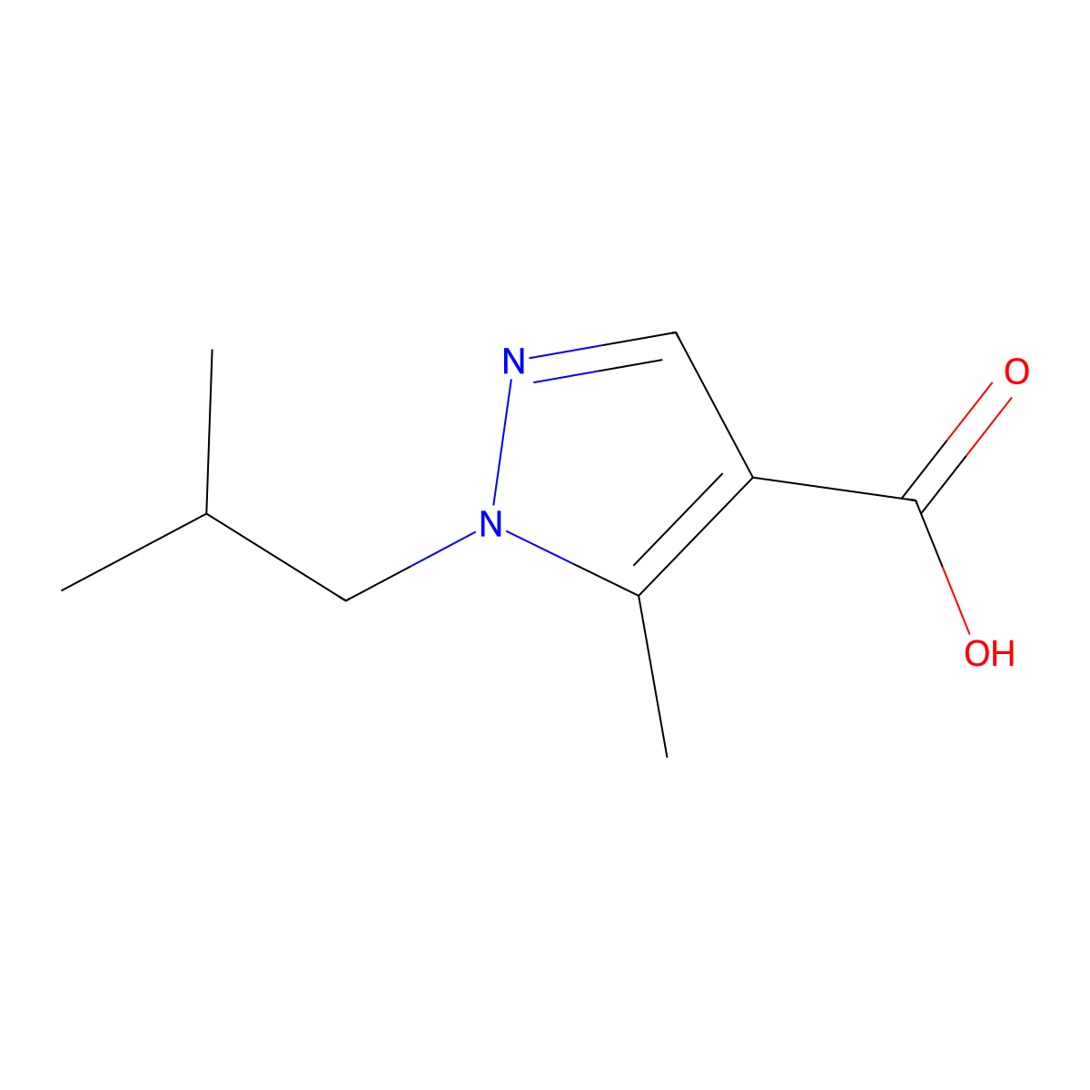5-methyl-1-(2-methylpropyl)-1H-pyrazole-4-carboxylic acid molecular structure, CAS 725746-95-2