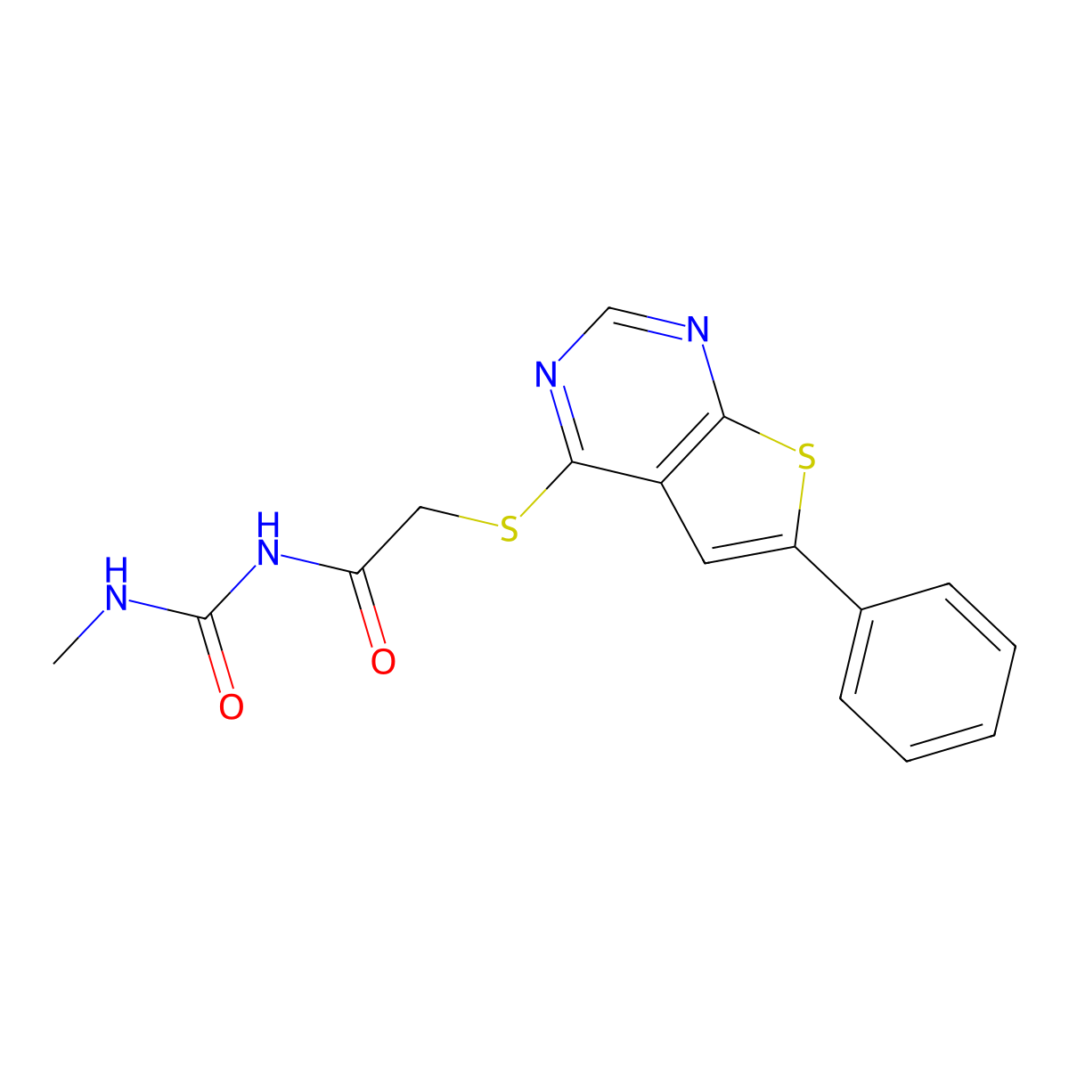N-(methylcarbamoyl)-2-(6-phenylthieno[2,3-d]pyrimidin-4-yl)sulfanylacetamide molecular structure, CAS 726125-90-2