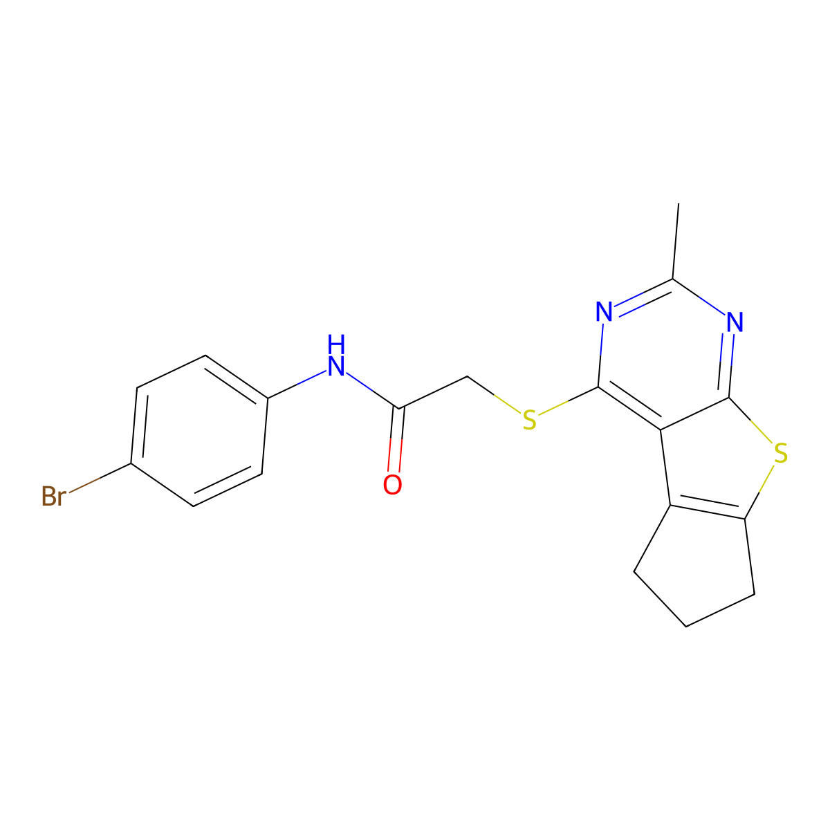 N-(4-bromophenyl)-2-(2-methyl(5,6,7-trihydrocyclopenta[2,1-d]pyrimidino[4,5-b] thiophen-4-ylthio))acetamide molecular structure, CAS 726147-57-5