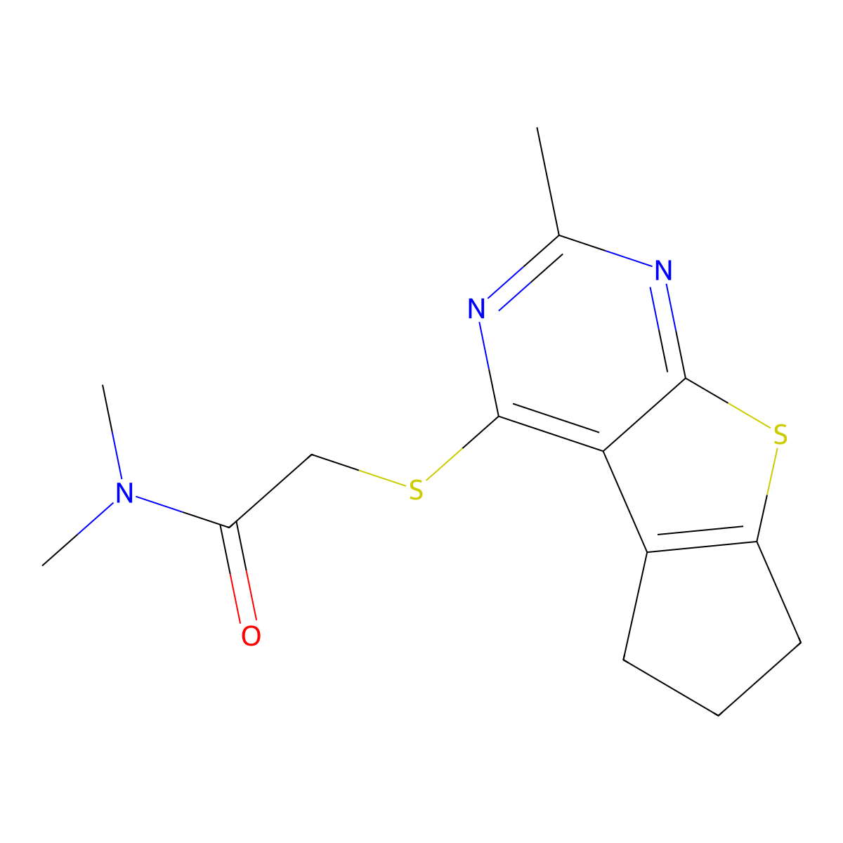 N,N-dimethyl-2-(2-methyl(5,6,7-trihydrocyclopenta[2,1-d]pyrimidino[4,5-b]thiop hen-4-ylthio))acetamide molecular structure, CAS 726147-69-9