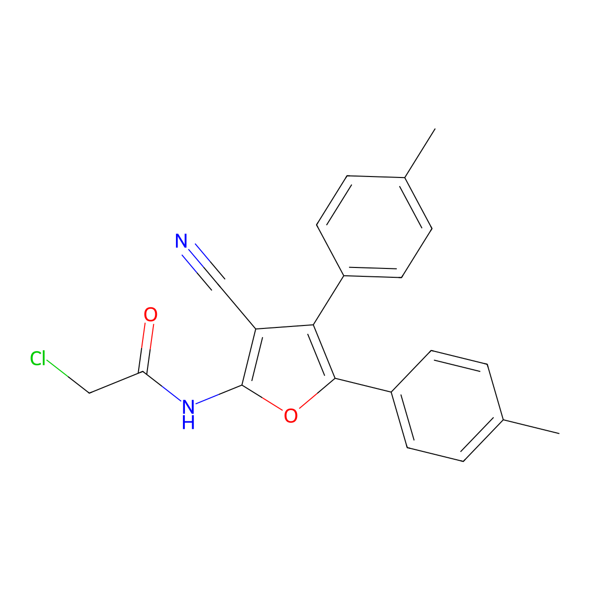 2-chloro-N-[3-cyano-4,5-bis(4-methylphenyl)furan-2-yl]acetamide molecular structure, CAS 726150-52-3