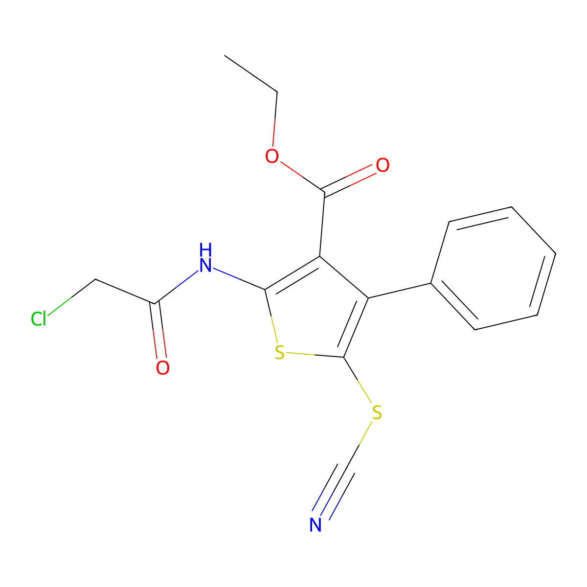 Ethyl 2-(2-chloroacetamido)-5-(cyanosulfanyl)-4-phenylthiophene-3-carboxylate molecular structure, CAS 726151-90-2