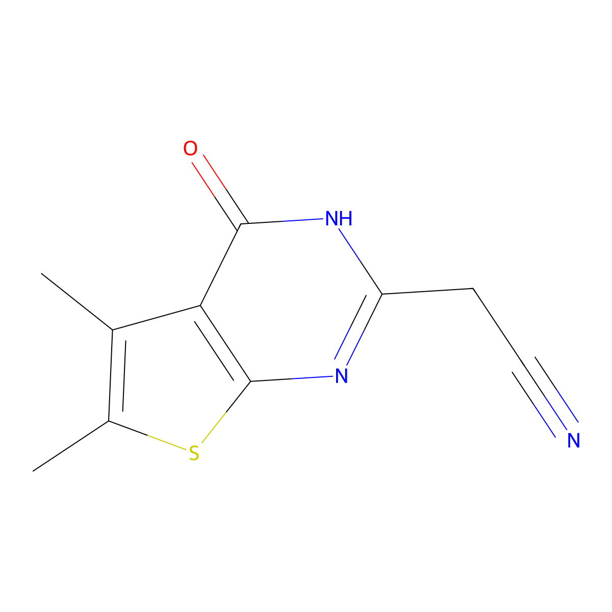 2-(5,6-dimethyl-4-oxo-3H,4H-thieno(2,3-d)pyrimidin-2-yl)acetonitrile molecular structure, CAS 726151-97-9