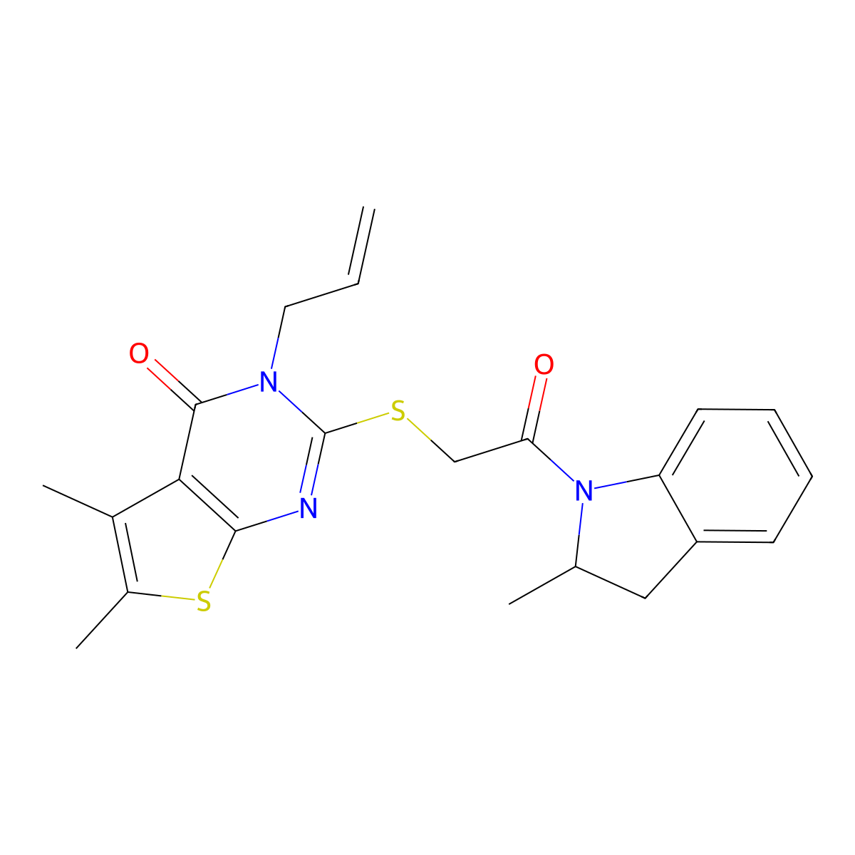 3-allyl-5,6-dimethyl-2-((2-(2-methylindolin-1-yl)-2-oxoethyl)thio)thieno[2,3-d]pyrimidin-4(3H)-one molecular structure, CAS 726161-26-8