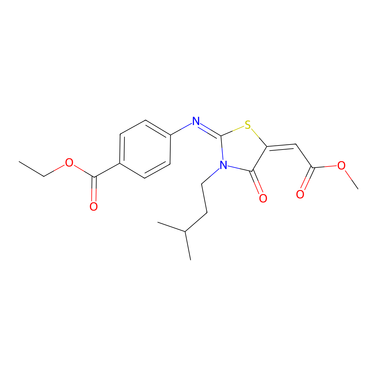 Ethyl 4-[[5-(2-methoxy-2-oxoethylidene)-3-(3-methylbutyl)-4-oxo-2-thiazolidinylidene]amino]benzoate molecular structure, CAS 726162-97-6