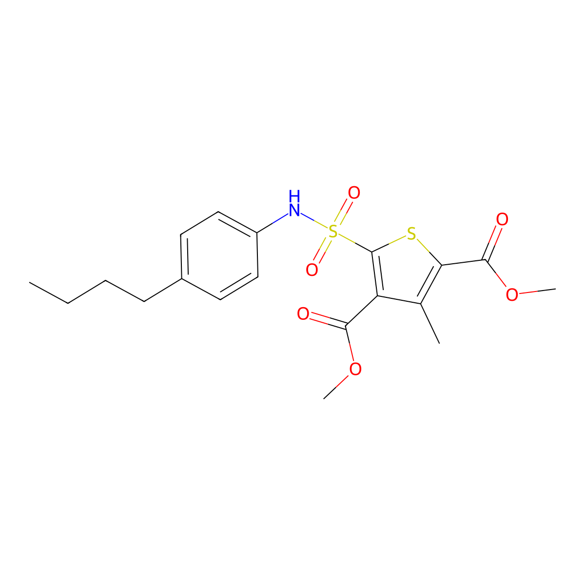 Dimethyl 5-[(4-butylphenyl)sulfamoyl]-3-methylthiophene-2,4-dicarboxylate molecular structure, CAS 726164-06-3
