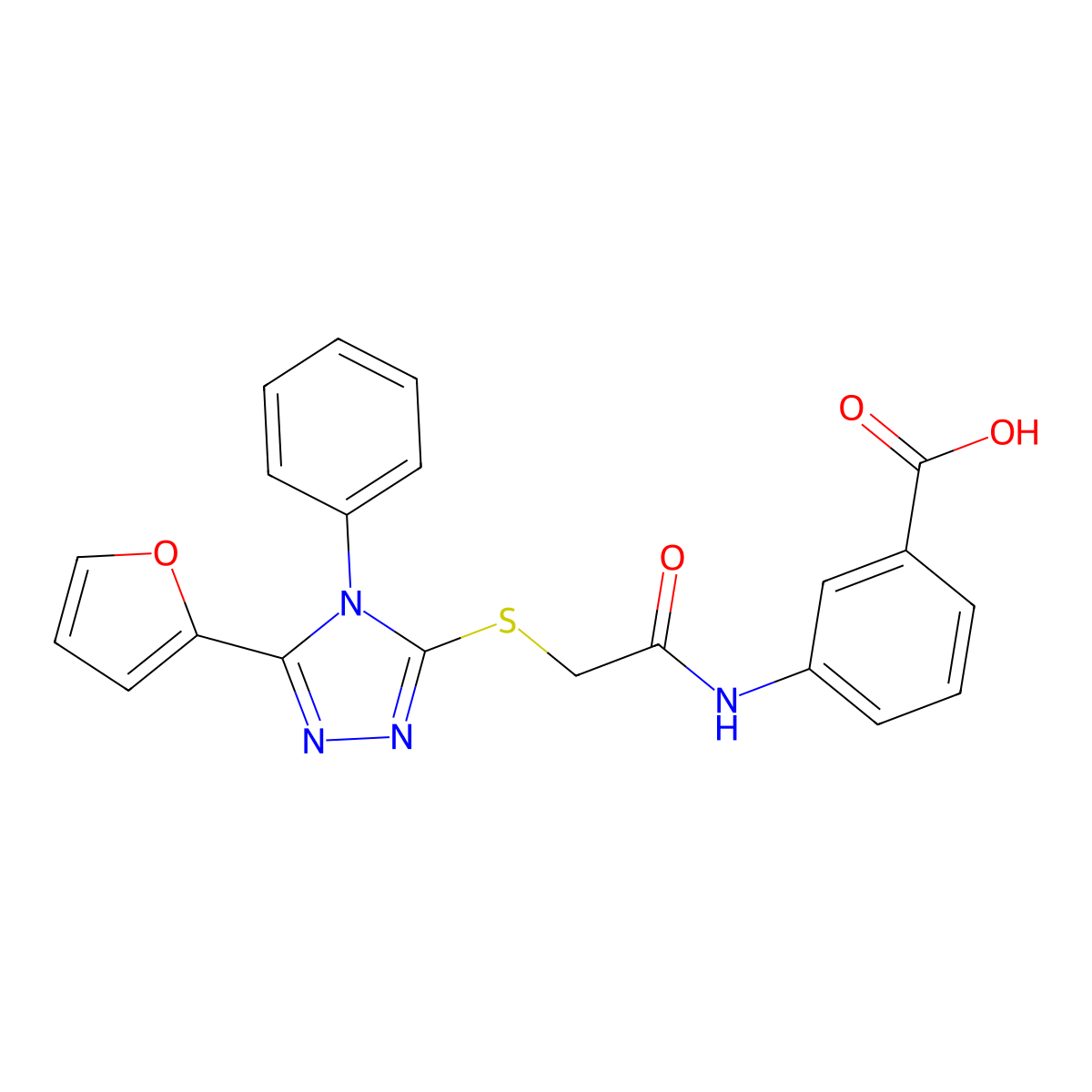 3-(2-{[5-(furan-2-yl)-4-phenyl-4H-1,2,4-triazol-3-yl]sulfanyl}acetamido)benzoic acid molecular structure, CAS 726165-12-4