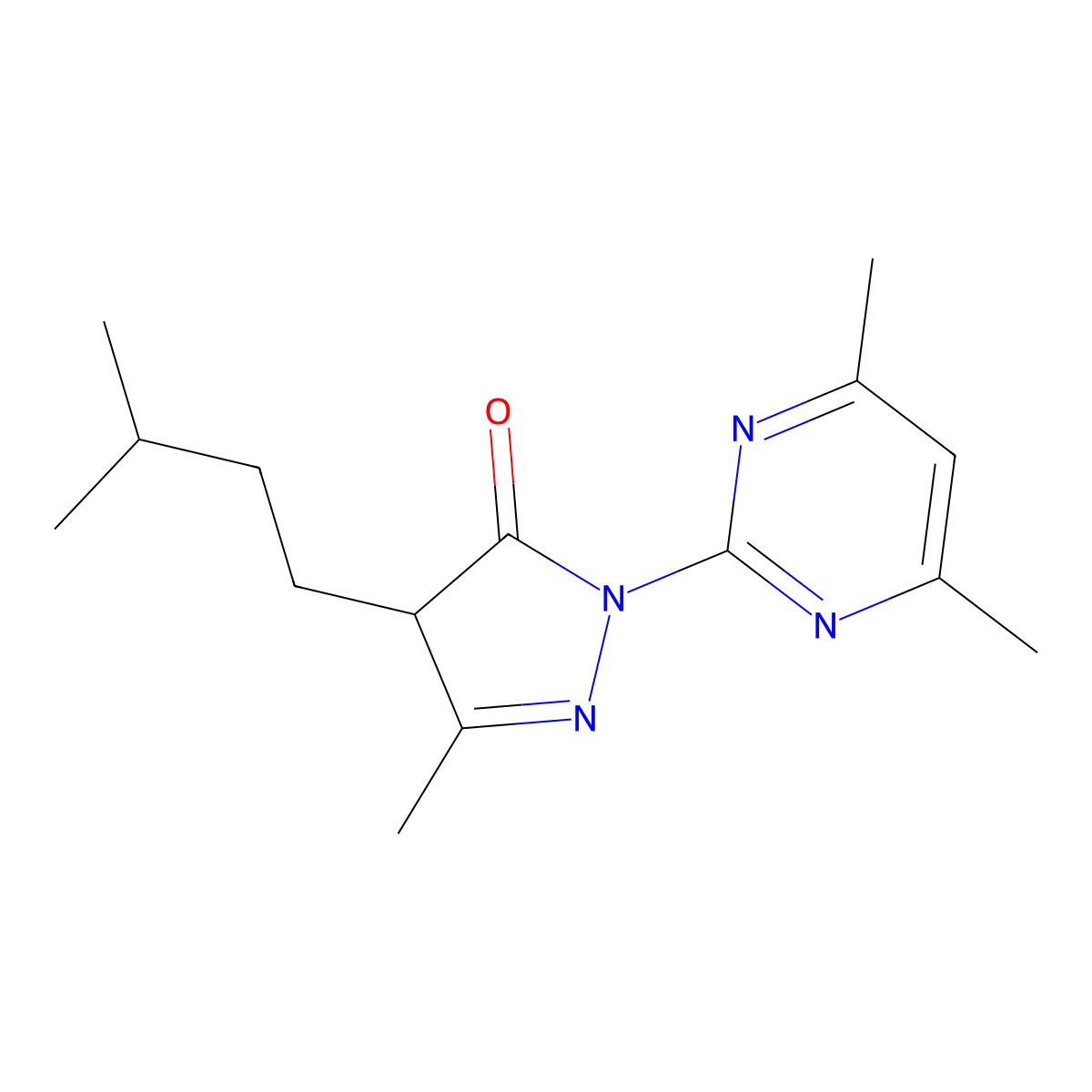 2-(4,6-dimethylpyrimidin-2-yl)-5-methyl-4-(3-methylbutyl)-2,4-dihydro-3H-pyrazol-3-one molecular structure, CAS 726199-00-4