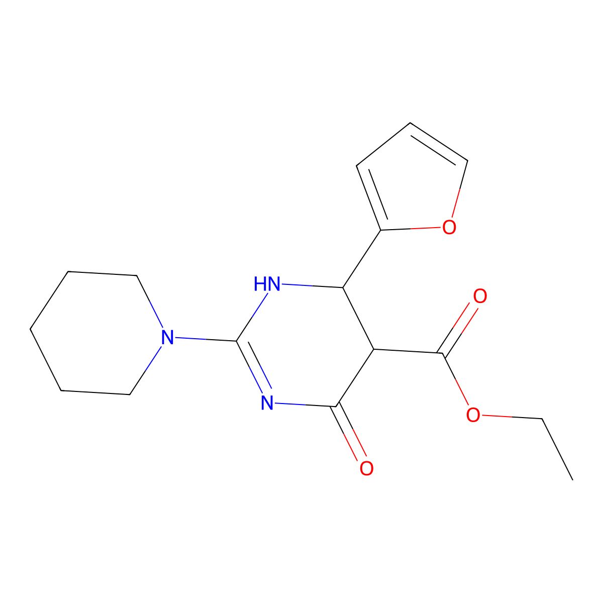 5-Pyrimidinecarboxylic acid, 4-(2-furanyl)-3,4,5,6-tetrahydro-6-oxo-2-(1-piperidinyl)-, ethyl ester molecular structure, CAS 726199-20-8
