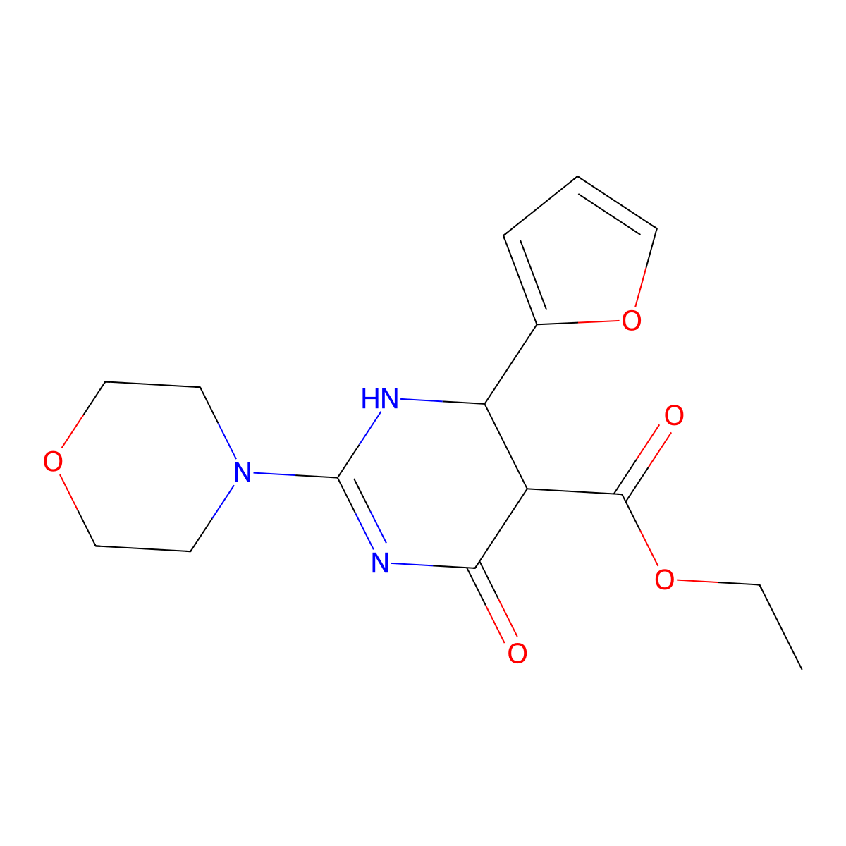 5-Pyrimidinecarboxylic acid, 4-(2-furanyl)-3,4,5,6-tetrahydro-2-(4-morpholinyl)-6-oxo-, ethyl ester molecular structure, CAS 726199-21-9