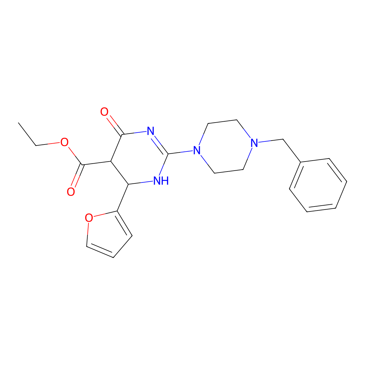 Ethyl 2-(4-benzylpiperazin-1-yl)-6-(furan-2-yl)-4-oxo-1,4,5,6-tetrahydropyrimidine-5-carboxylate molecular structure, CAS 726199-23-1