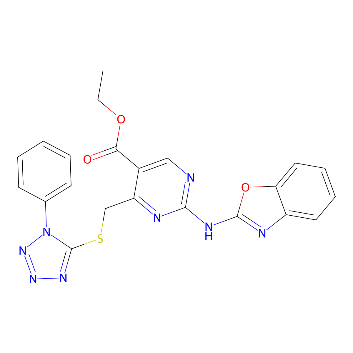 ethyl 2-(1,3-benzoxazol-2-ylamino)-4-{[(1-phenyl-1H-tetrazol-5-yl)sulfanyl]methyl}pyrimidine-5-carboxylate molecular structure, CAS 726199-56-0