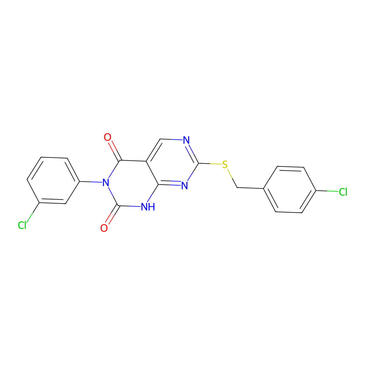 6-(3-chlorophenyl)-2-[(4-chlorophenyl)methylsulfanyl]-8H-pyrimido[4,5-d]pyrimidine-5,7-dione molecular structure, CAS 726199-58-2