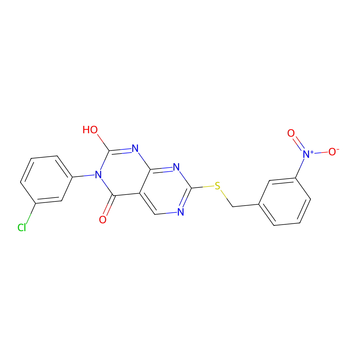6-(3-chlorophenyl)-2-[(3-nitrophenyl)methylsulfanyl]-8H-pyrimido[4,5-d]pyrimidine-5,7-dione molecular structure, CAS 726199-69-5