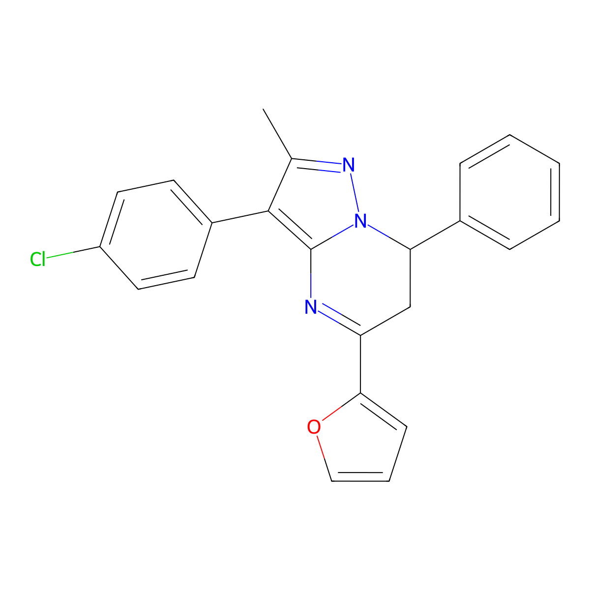 3-(4-Chlorophenyl)-5-(furan-2-yl)-2-methyl-7-phenyl-6,7-dihydropyrazolo[1,5-a]pyrimidine molecular structure, CAS 726200-07-3
