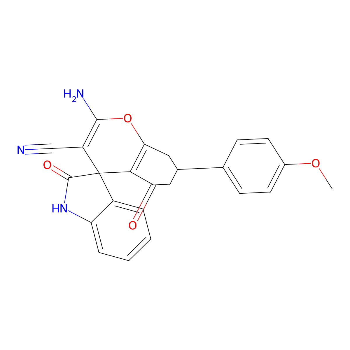 2-Amino-7-(4-methoxyphenyl)-2',5-dioxo-1',2',5,6,7,8-hexahydrospiro[chromene-4,3'-indole]-3-carbonitrile molecular structure, CAS 726201-15-6