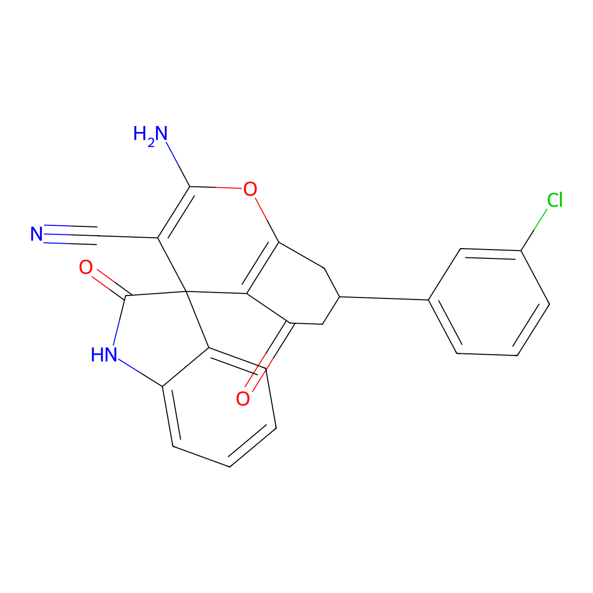 2-Amino-7-(3-chlorophenyl)-2',5-dioxo-1',2',5,6,7,8-hexahydrospiro[chromene-4,3'-indole]-3-carbonitrile molecular structure, CAS 726201-16-7