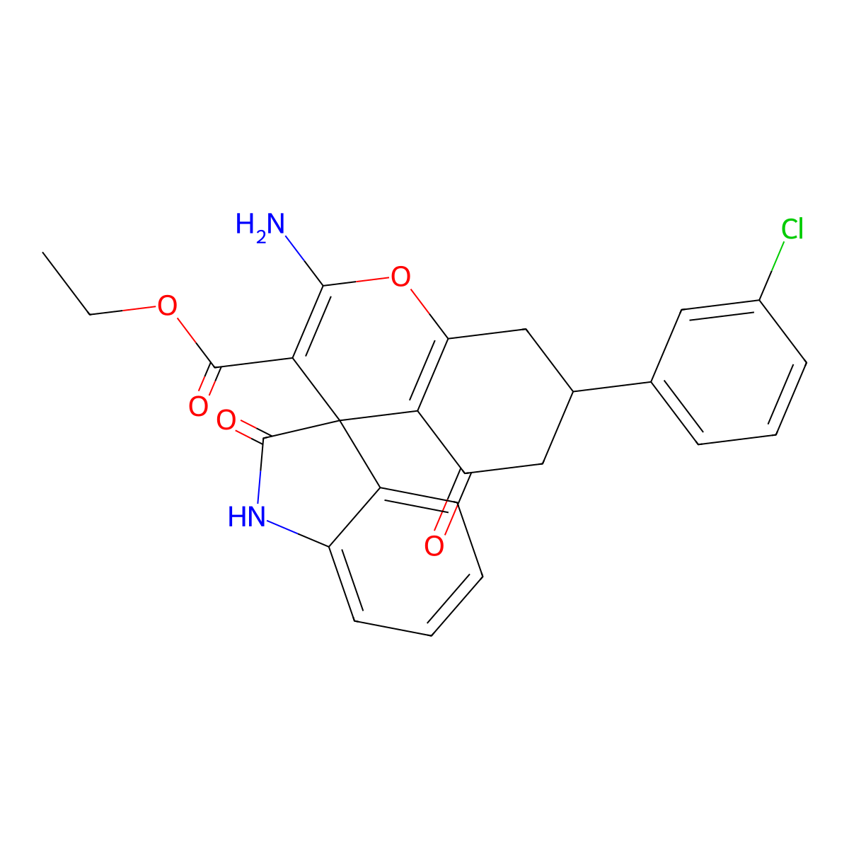 Ethyl 2-amino-7-(3-chlorophenyl)-2',5-dioxo-1',2',5,6,7,8-hexahydrospiro[chromene-4,3'-indole]-3-carboxylate molecular structure, CAS 726201-17-8