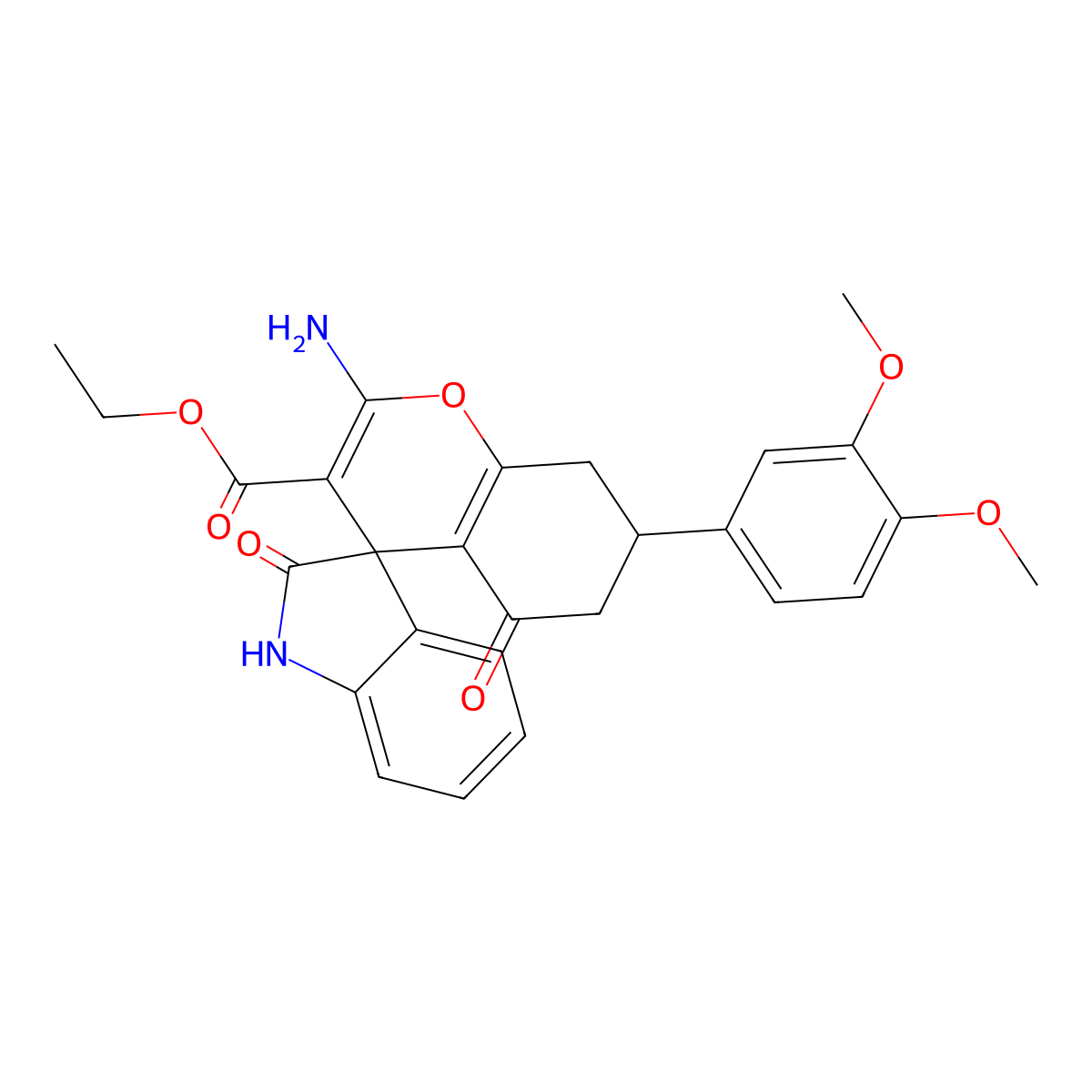 Ethyl 2-amino-7-(3,4-dimethoxyphenyl)-2',5-dioxo-1',2',5,6,7,8-hexahydrospiro[chromene-4,3'-indole]-3-carboxylate molecular structure, CAS 726201-20-3