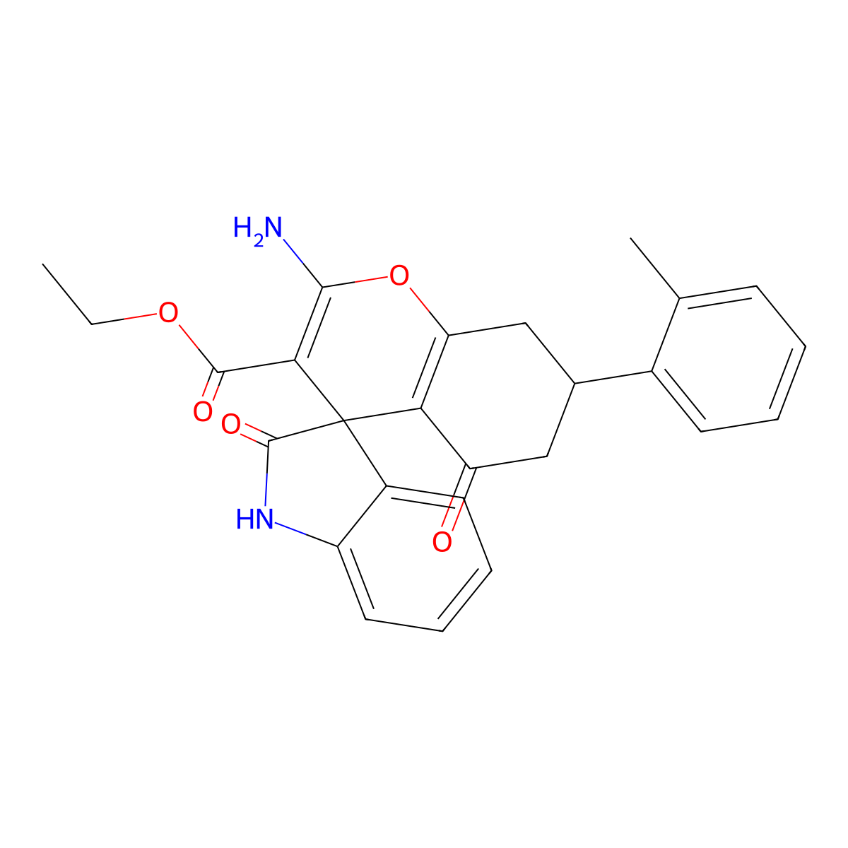 Ethyl 2-amino-7-(2-methylphenyl)-2',5-dioxo-1',2',5,6,7,8-hexahydrospiro[chromene-4,3'-indole]-3-carboxylate molecular structure, CAS 726201-21-4