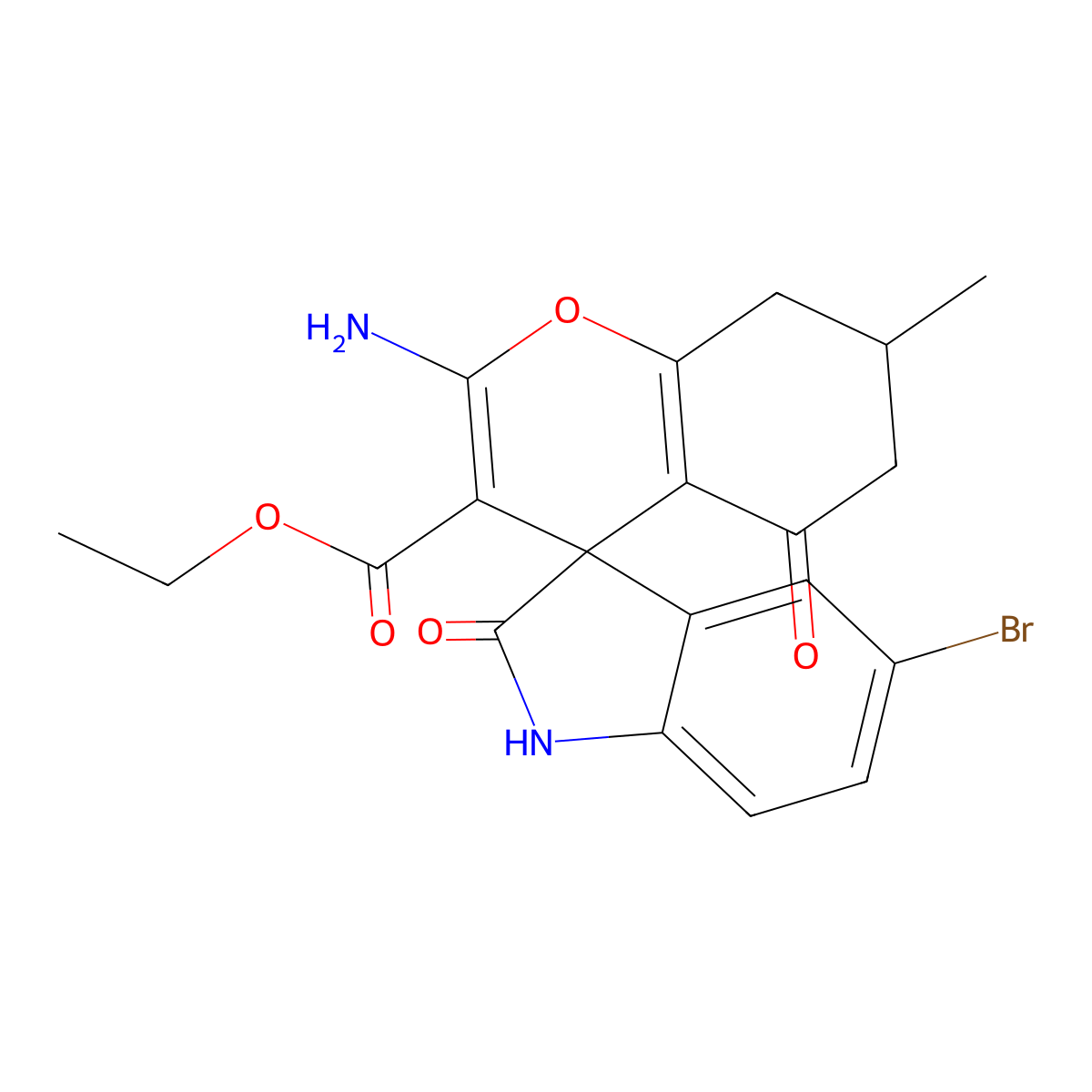 ethyl 2'-amino-5-bromo-7'-methyl-2,5'-dioxospiro[1H-indole-3,4'-7,8-dihydro-6H-chromene]-3'-carboxylate molecular structure, CAS 726201-22-5