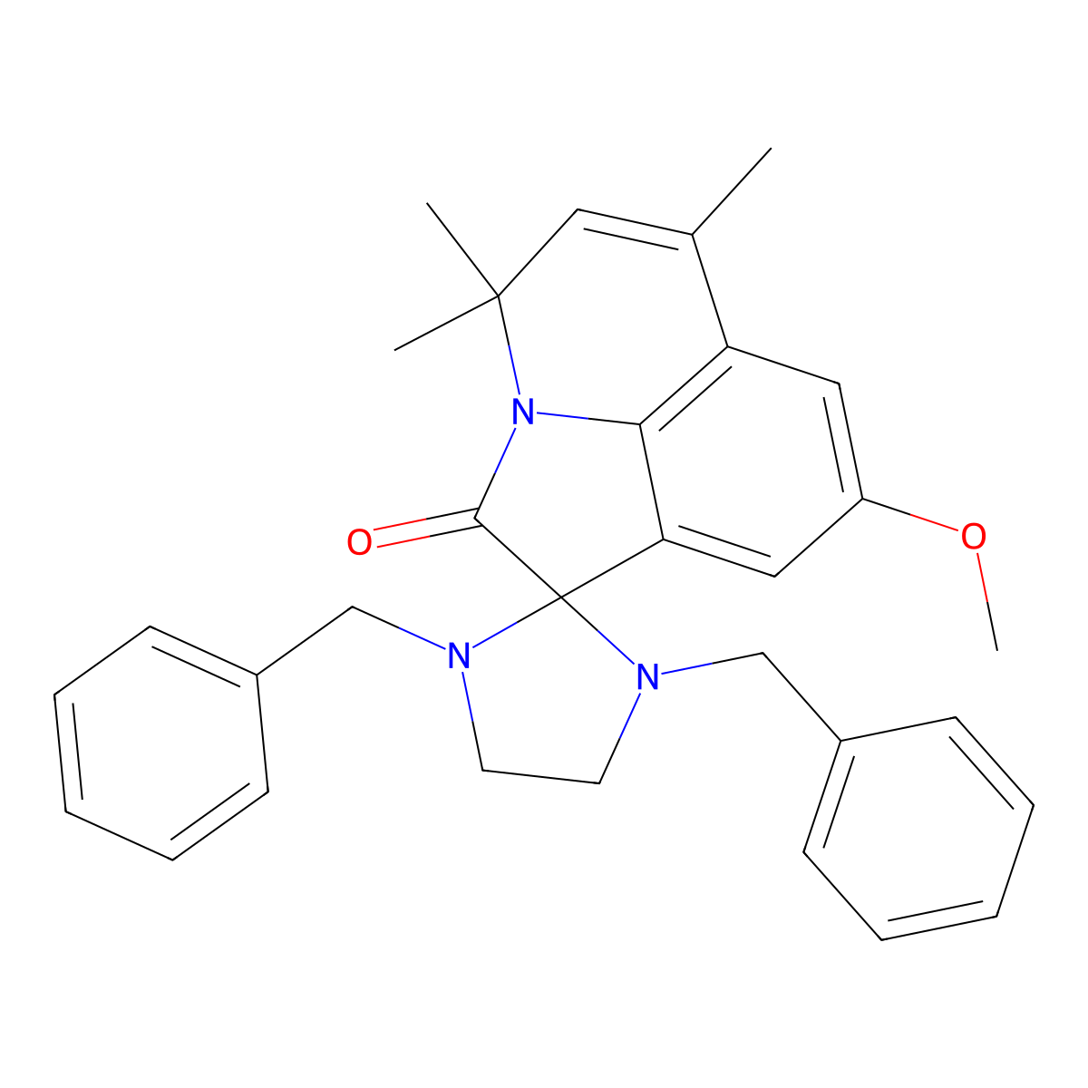 1,3-dibenzyl-8'-methoxy-4',4',6'-trimethyl-4'H-spiro[imidazolidine-2,1'-pyrrolo[3,2,1-ij]quinolin]-2'-one molecular structure, CAS 726201-35-0