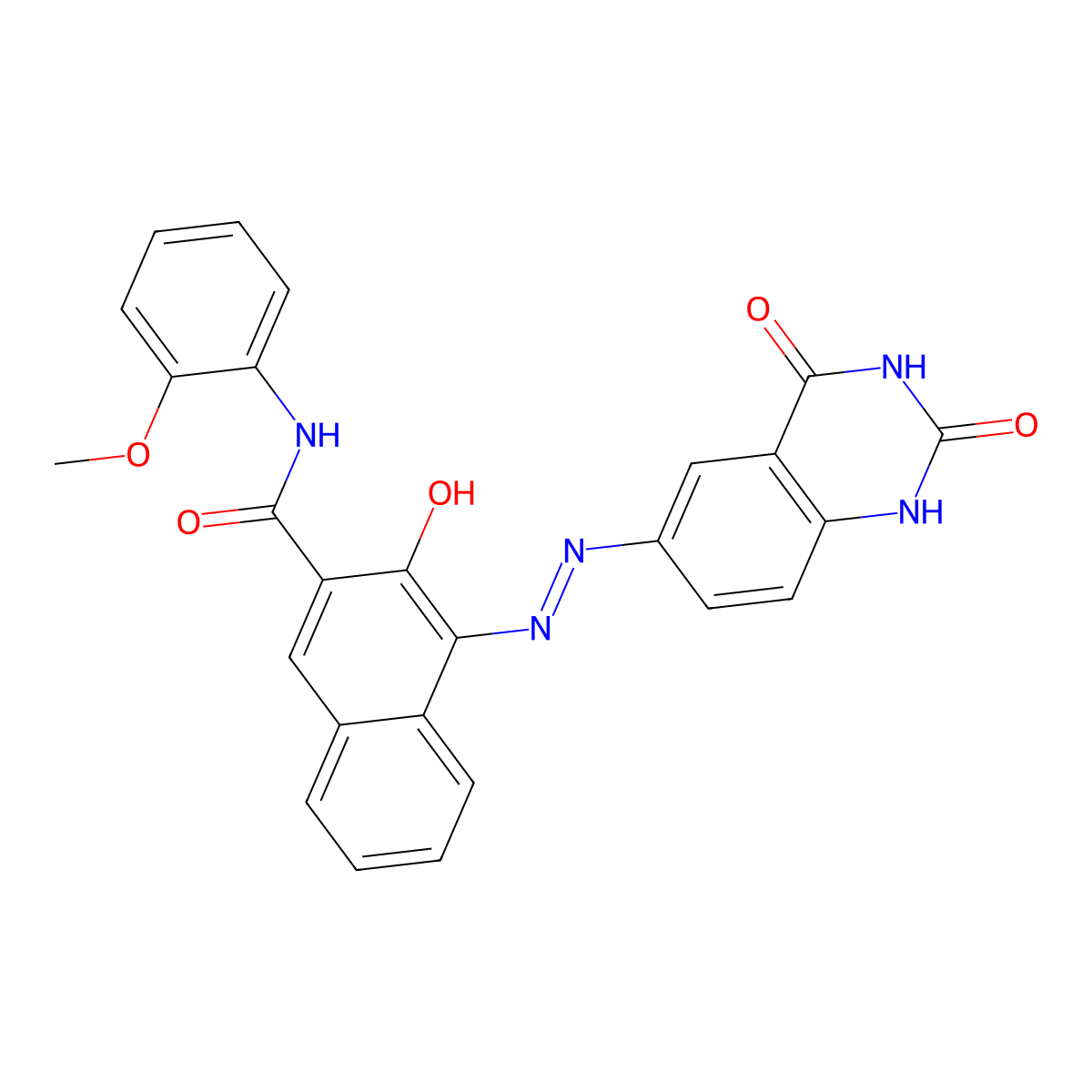 2-Naphthalenecarboxamide, 3-hydroxy-N-(2-methoxyphenyl)-4-(2-(1,2,3,4-tetrahydro-2,4-dioxo-6-quinazolinyl)diazenyl)- molecular structure, CAS 72639-28-2