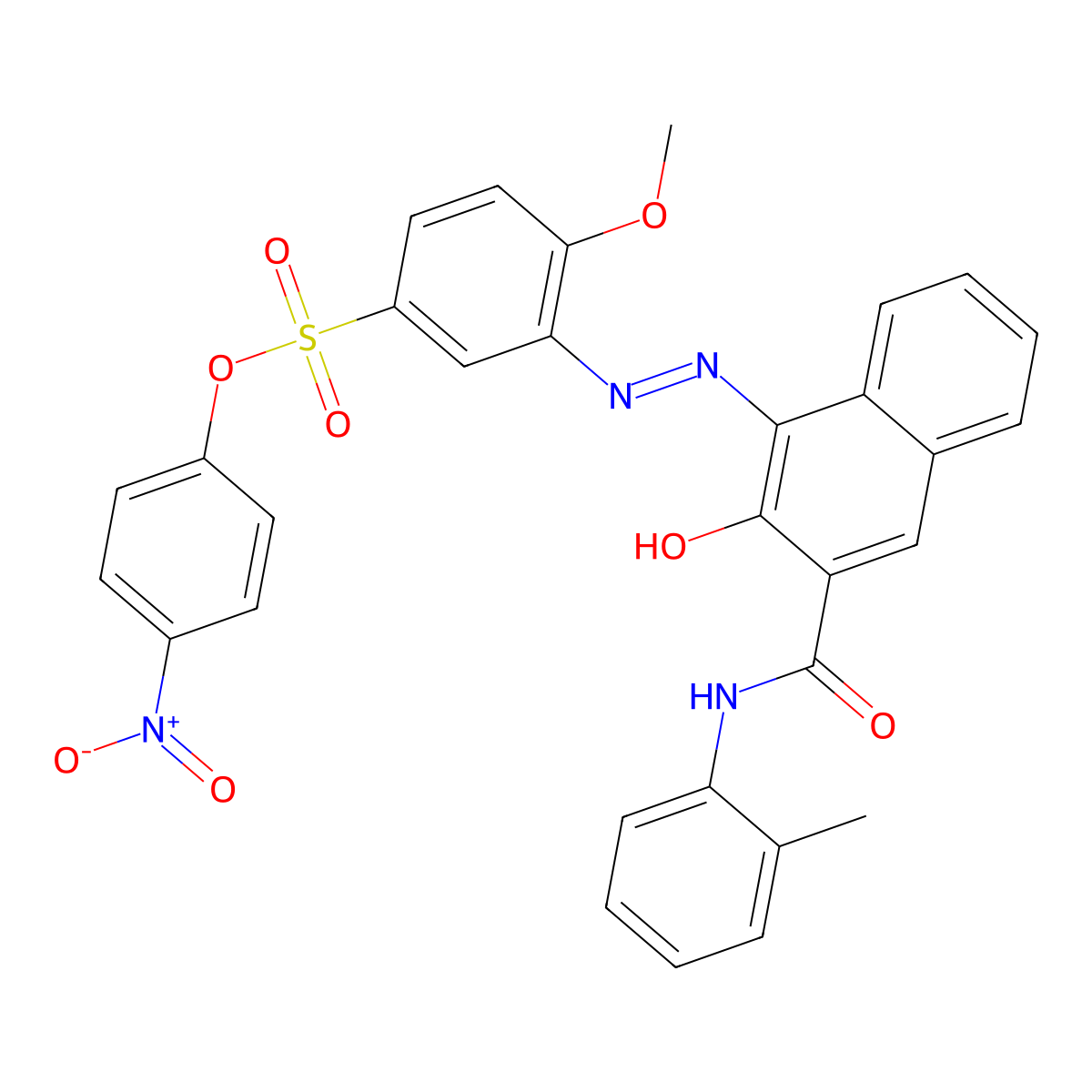 Benzenesulfonic acid, 3-[2-[2-hydroxy-3-[[(2-methylphenyl)amino]carbonyl]-1-naphthalenyl]diazenyl]-4-methoxy-, 4-nitrophenyl ester molecular structure, CAS 72639-39-5