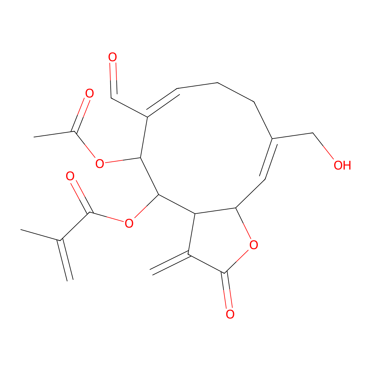 [5-Acetyloxy-6-formyl-10-(hydroxymethyl)-3-methylidene-2-oxo-3a,4,5,8,9,11a-hexahydrocyclodeca[b]furan-4-yl] 2-methylprop-2-enoate molecular structure, CAS 72704-05-3