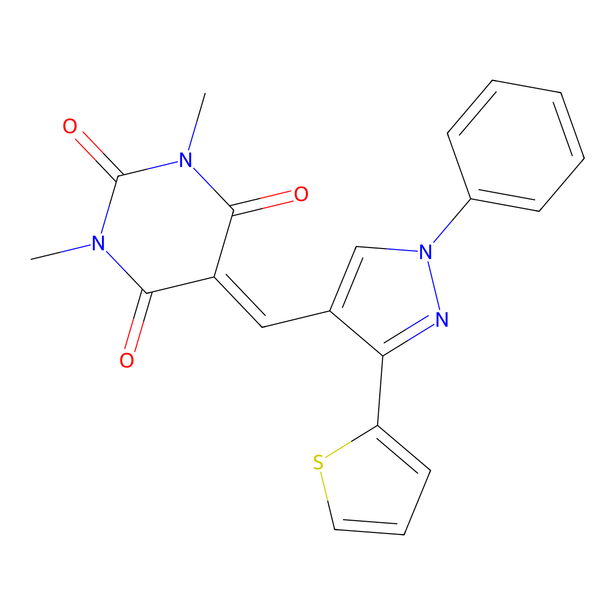 1,3-Dimethyl-5-[(1-phenyl-3-thiophen-2-ylpyrazol-4-yl)methylidene]-1,3-diazinane-2,4,6-trione molecular structure, CAS 727358-86-3