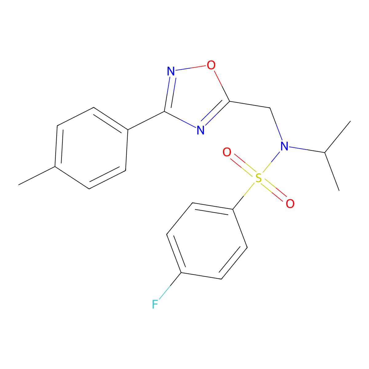 4-fluoro-N-[[3-(4-methylphenyl)-1,2,4-oxadiazol-5-yl]methyl]-N-propan-2-ylbenzenesulfonamide molecular structure, CAS 727364-36-5