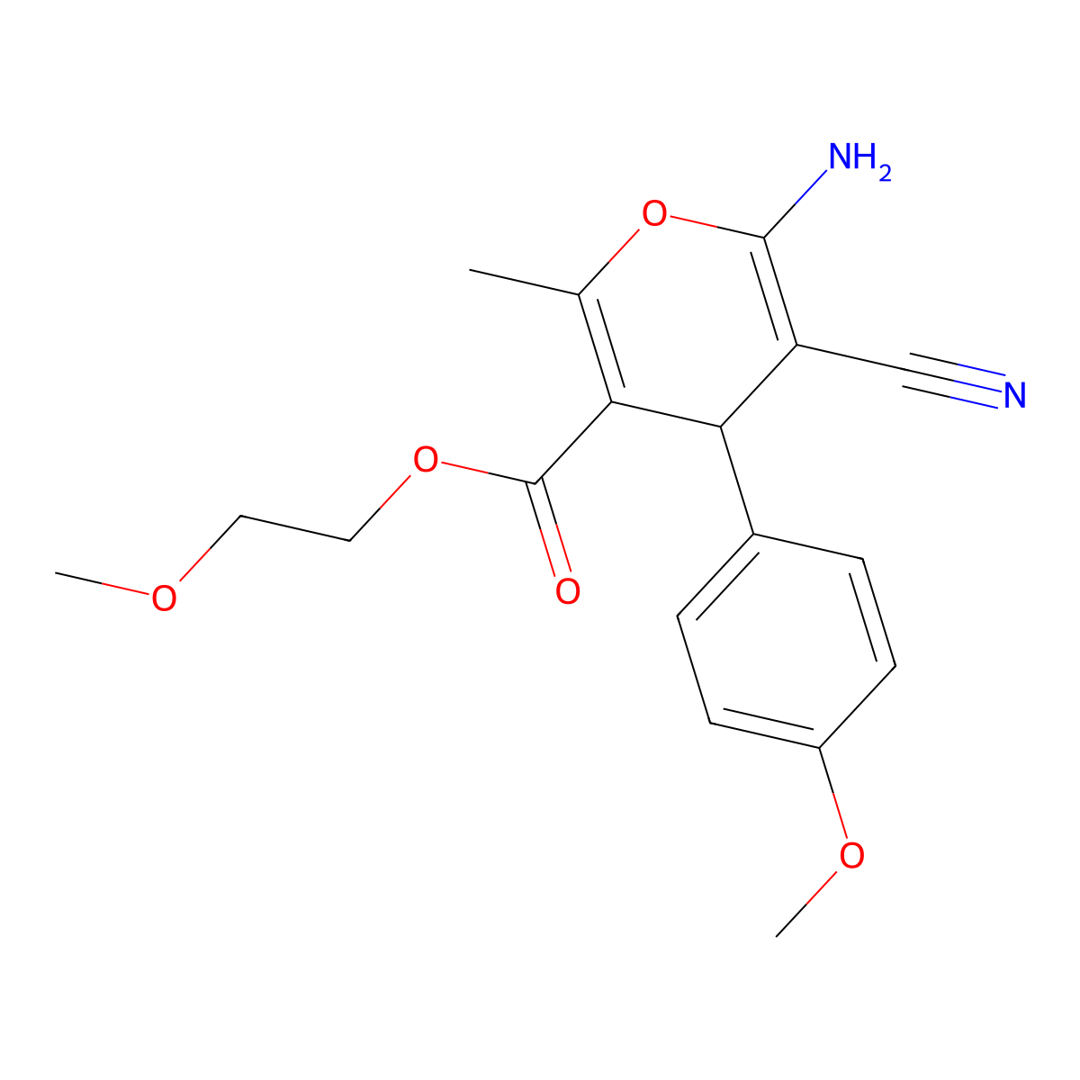 2-methoxyethyl 6-amino-5-cyano-4-(4-methoxyphenyl)-2-methyl-4H-pyran-3-carboxylate molecular structure, CAS 727368-77-6