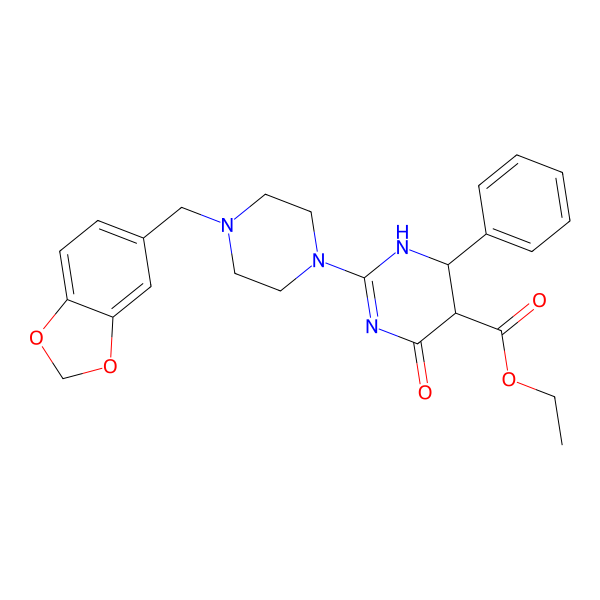 Ethyl 2-[4-(1,3-benzodioxol-5-ylmethyl)piperazin-1-yl]-4-oxo-6-phenyl-1,4,5,6-tetrahydropyrimidine-5-carboxylate molecular structure, CAS 727385-43-5