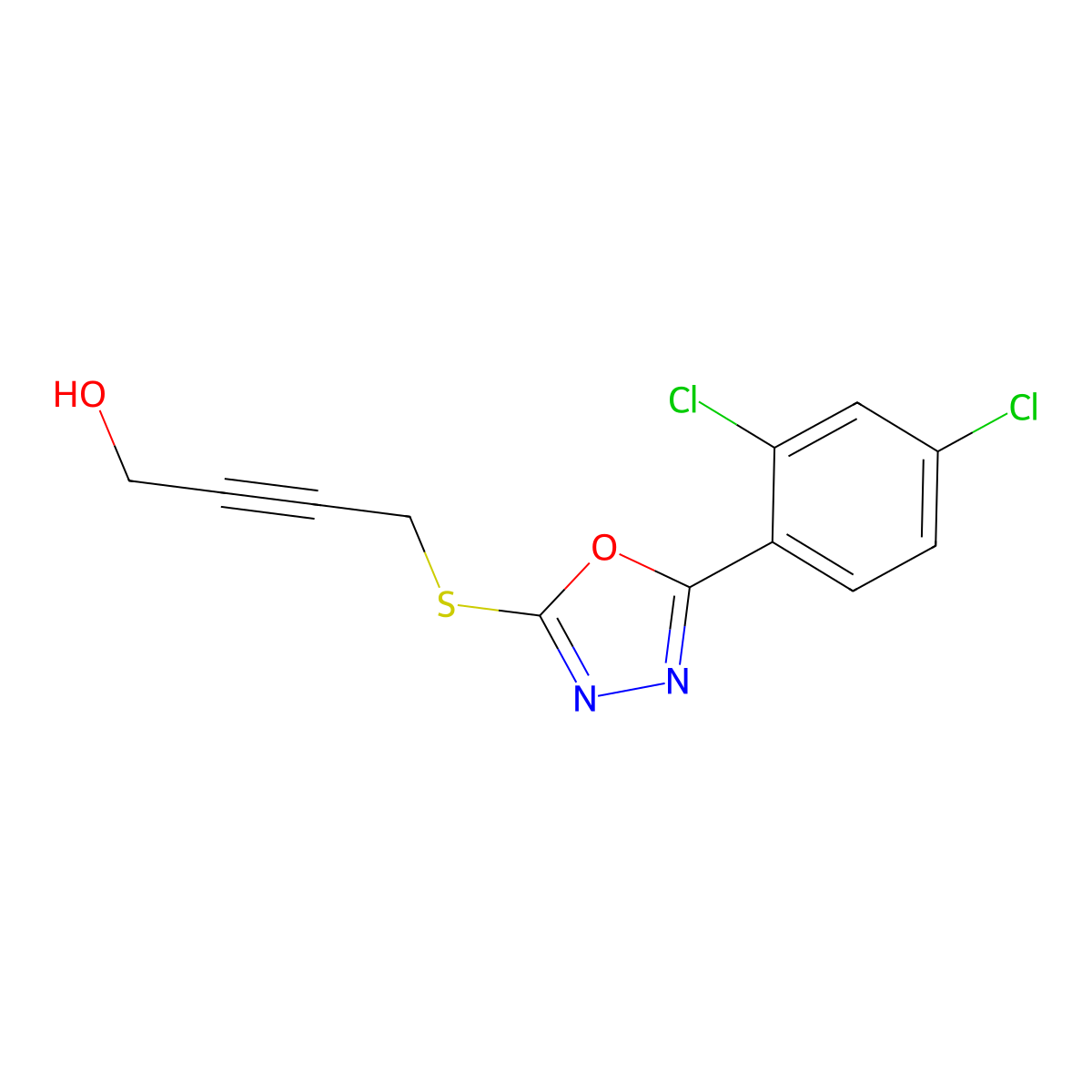 4-{[5-(2,4-Dichlorophenyl)-1,3,4-oxadiazol-2-yl]sulfanyl}but-2-yn-1-ol molecular structure, CAS 727386-58-5