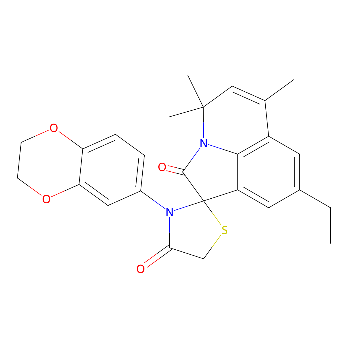 3'-(2,3-dihydro-1,4-benzodioxin-6-yl)-8-ethyl-4,4,6-trimethyl-4H,4'H-spiro[pyrrolo[3,2,1-ij]quinoline-1,2'-[1,3]thiazolidine]-2,4'-dione molecular structure, CAS 727389-49-3