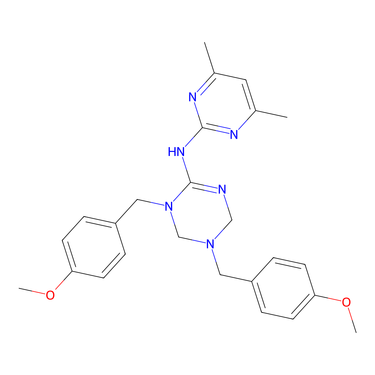 [1,5-Bis-(4-methoxy-benzyl)-1,4,5,6-tetrahydro-[1,3,5]triazin-2-yl]-(4,6-dimethyl-pyrimidin-2-yl)-amine molecular structure, CAS 727389-58-4