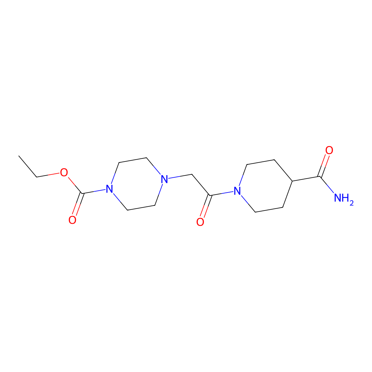 Ethyl 4-[2-(4-carbamoylpiperidin-1-yl)-2-oxoethyl]piperazine-1-carboxylate molecular structure, CAS 727389-79-9