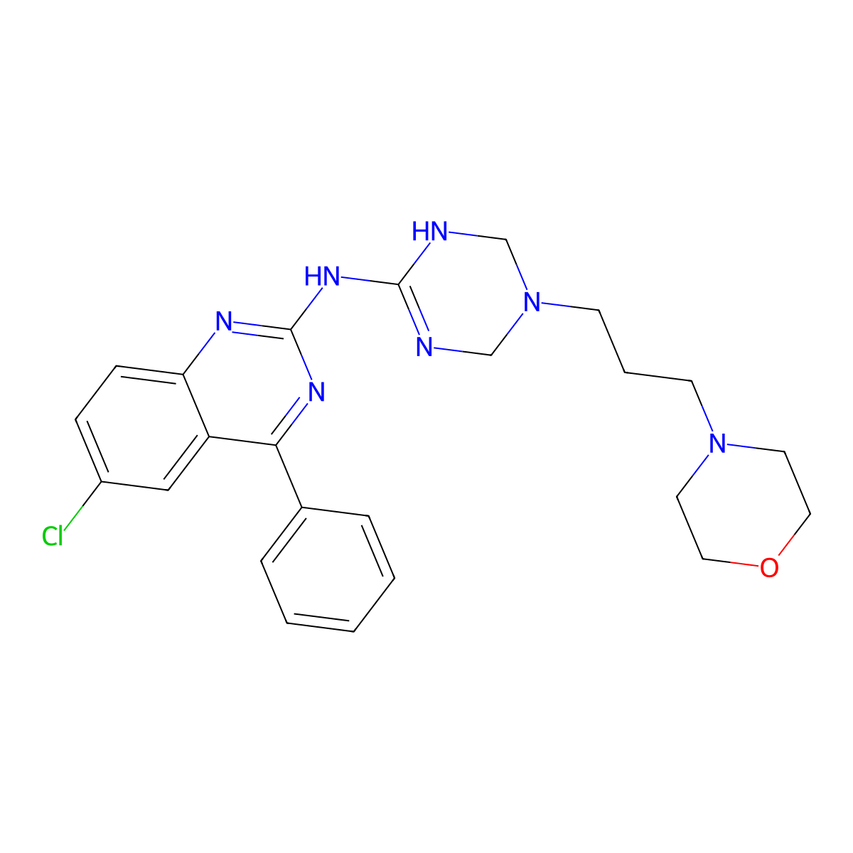 6-chloro-N-{5-[3-(morpholin-4-yl)propyl]-1,4,5,6-tetrahydro-1,3,5-triazin-2-yl}-4-phenylquinazolin-2-amine molecular structure, CAS 727392-26-9