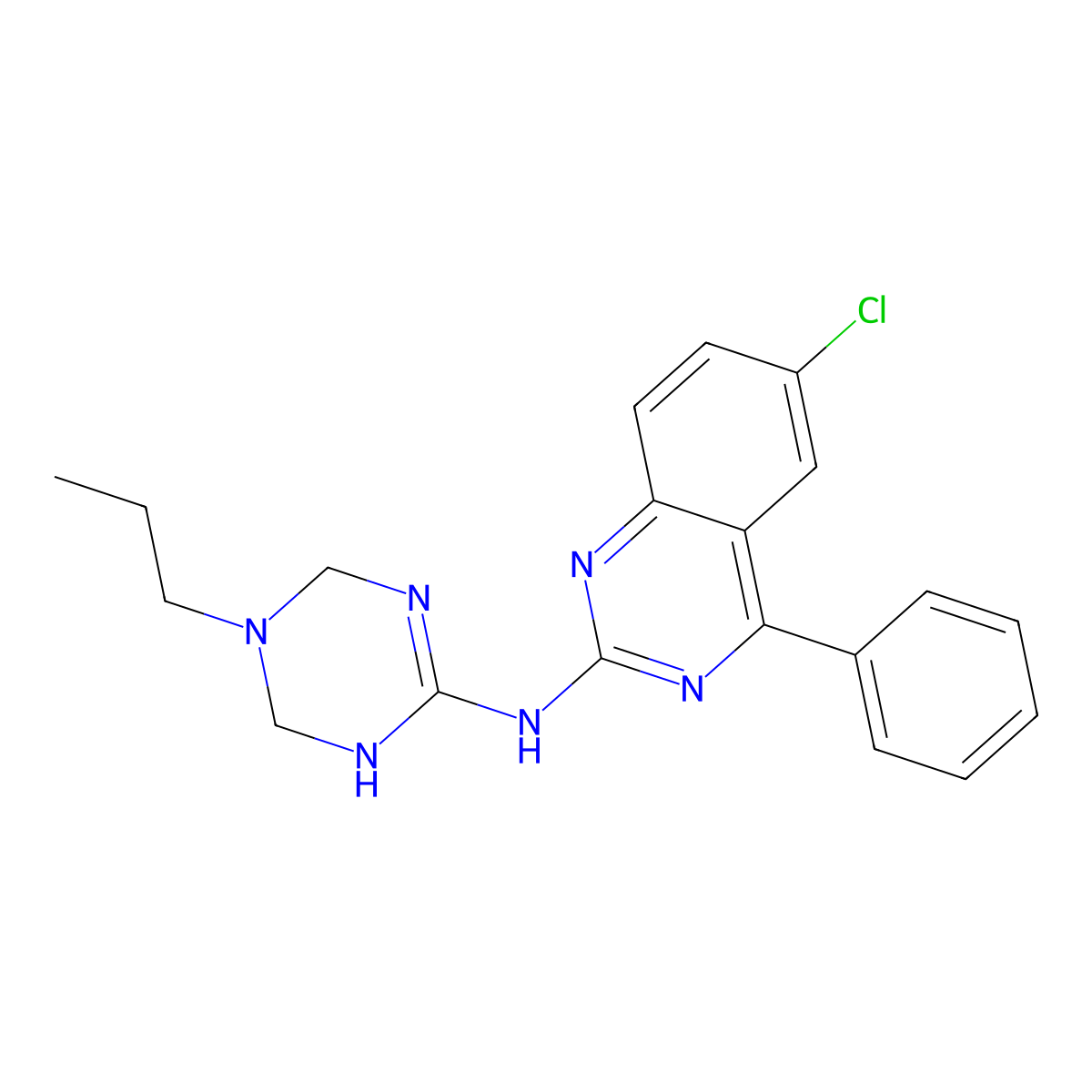 6-chloro-4-phenyl-N-(5-propyl-1,4,5,6-tetrahydro-1,3,5-triazin-2-yl)quinazolin-2-amine molecular structure, CAS 727392-28-1