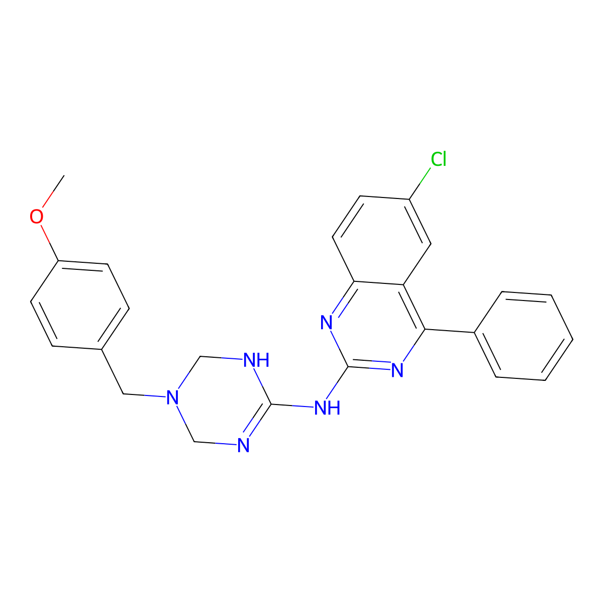 6-chloro-N-[5-(4-methoxybenzyl)-1,4,5,6-tetrahydro-1,3,5-triazin-2-yl]-4-phenylquinazolin-2-amine molecular structure, CAS 727392-29-2