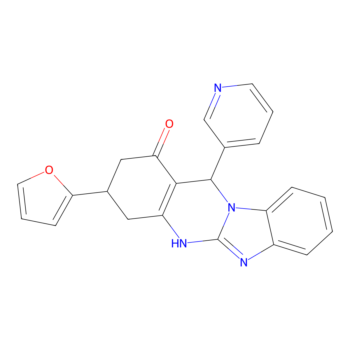 3-(furan-2-yl)-12-(pyridin-3-yl)-3,4,5,12-tetrahydrobenzimidazo[2,1-b]quinazolin-1(2H)-one molecular structure, CAS 727393-61-5