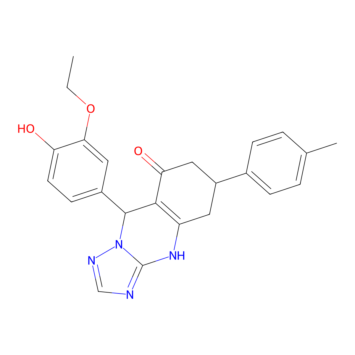 9-(3-ethoxy-4-hydroxyphenyl)-6-(4-methylphenyl)-5,6,7,9-tetrahydro[1,2,4]triazolo[5,1-b]quinazolin-8(4H)-one molecular structure, CAS 727394-06-1